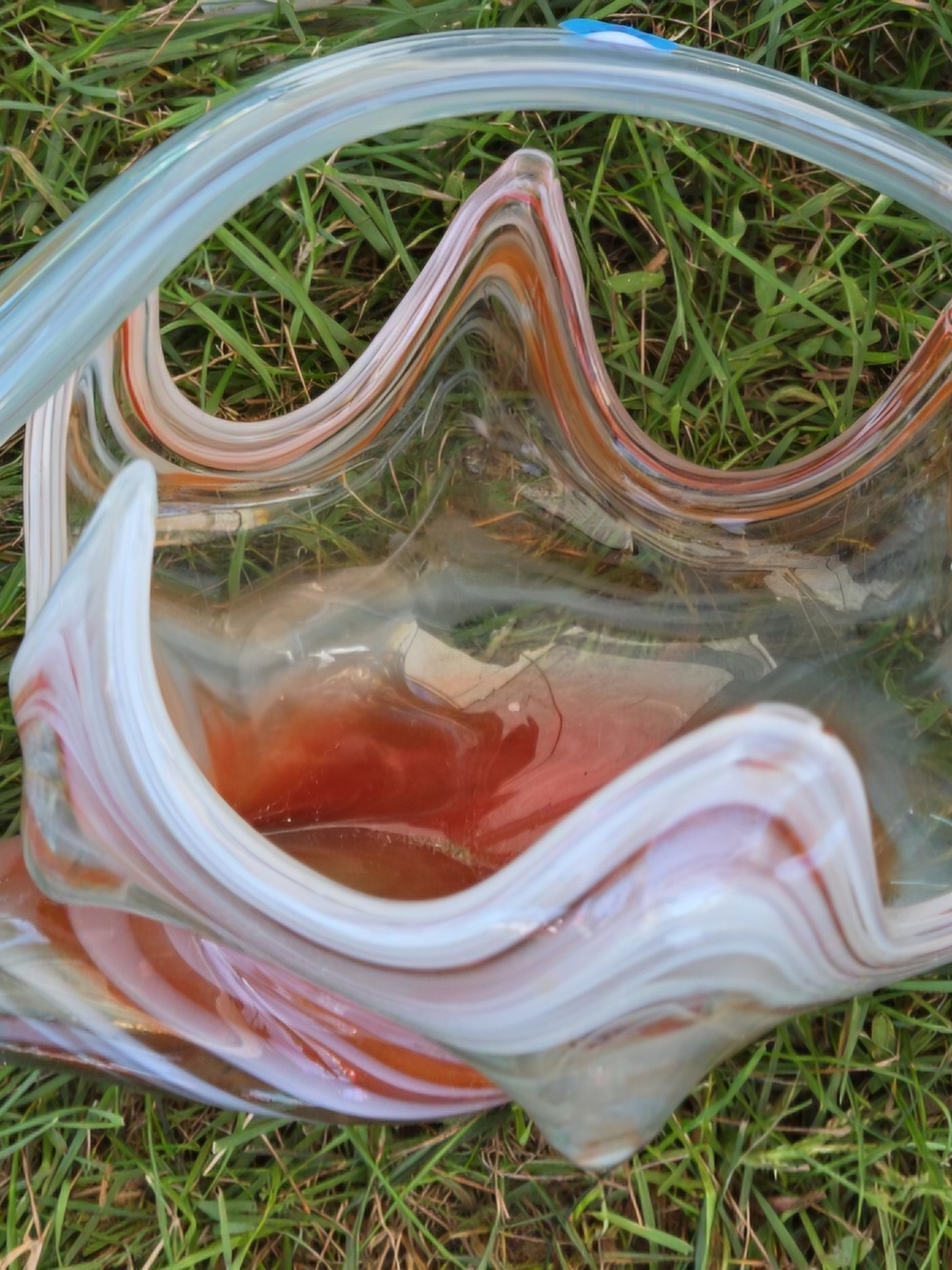 Vintage Murano Style Art Glass Swan Bowl Hand Blown Orange and White Swirl